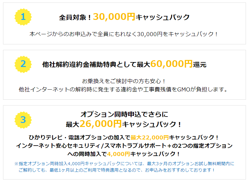 GMOとくとくBB光　3つのキャッシュバックキャンペーン